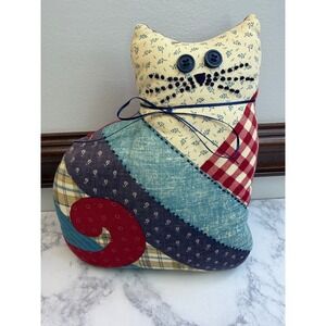 Vintage Country Primitive Patchwork Fabric Cat Pillow Button Eyes Doorstop 9in